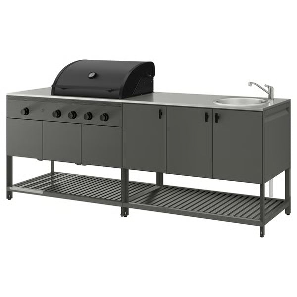 IKEA BÅTSKÄR Outdoor kitchen w gas bbq+sink unit, dark gray, 94 1/2x23 5/8 "