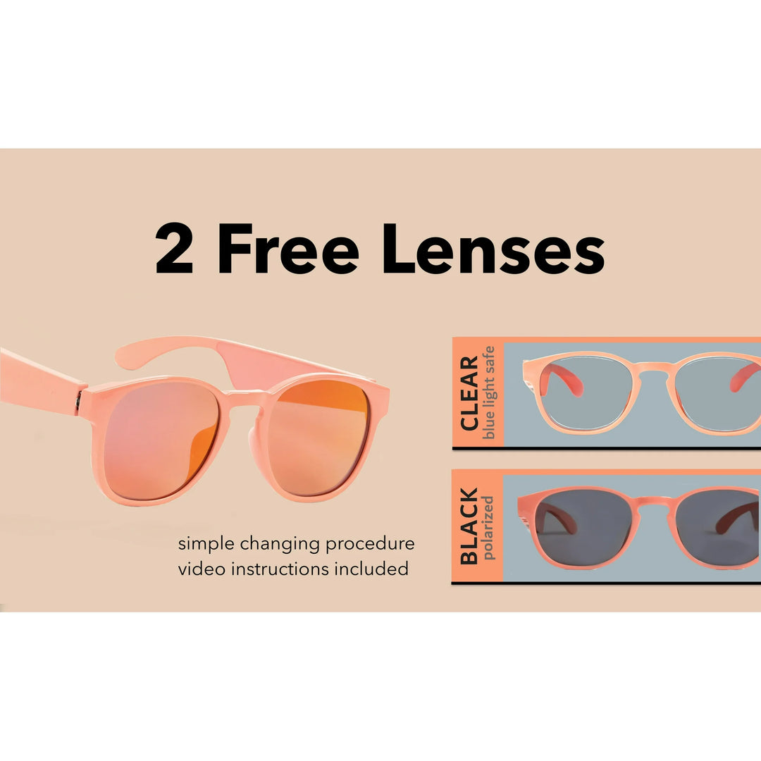 KCT Smart Glasses, Bluetooth Sunglasses with Polarized lenses, Bluetooth Audio & Hands Free Calling, Open Air Audio, Auto On/Off, Pink with Black Lenses, 3 styles Switchable Lenses