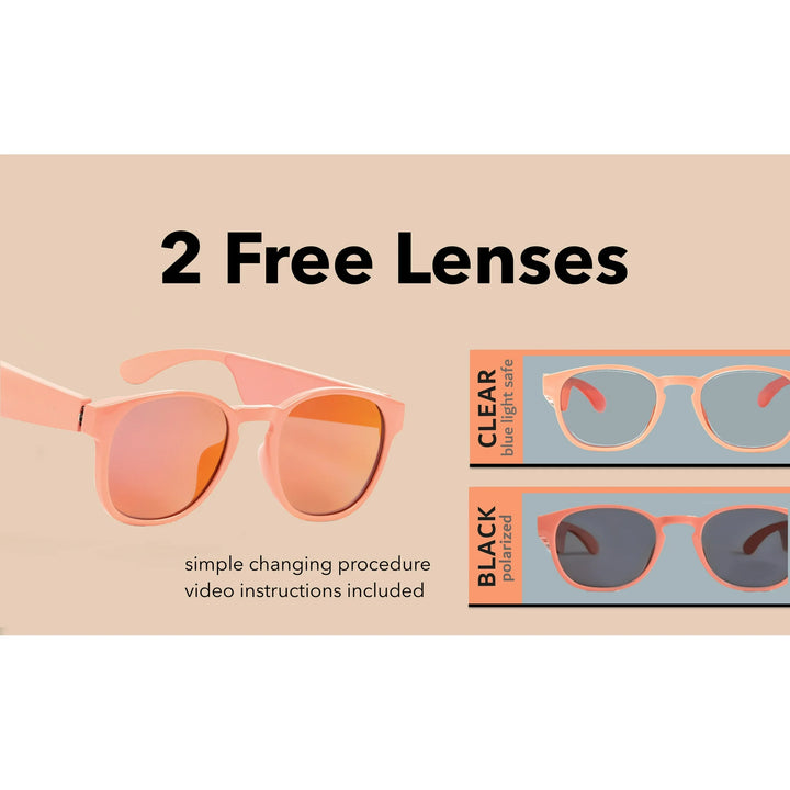 KCT Smart Glasses, Bluetooth Sunglasses with Polarized lenses, Bluetooth Audio & Hands Free Calling, Open Air Audio, Auto On/Off, Pink with Black Lenses, 3 styles Switchable Lenses