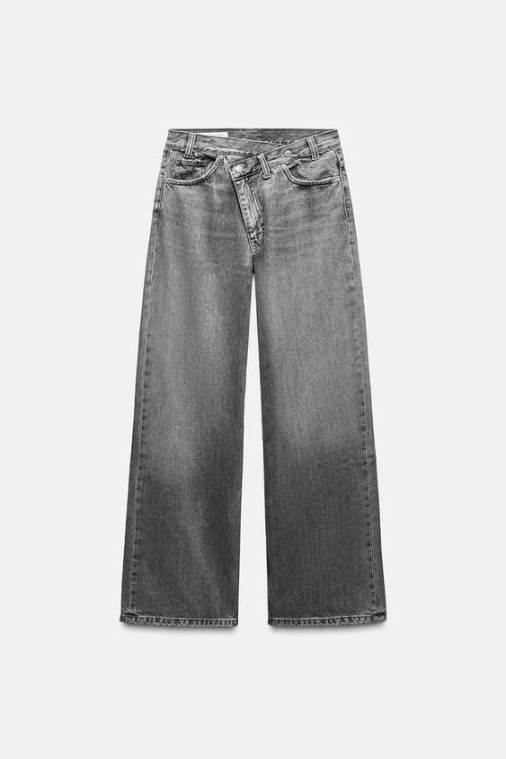 Zara TRF HIGH RISE WIDE LEG CROSSOVER WAISTBAND JEANS