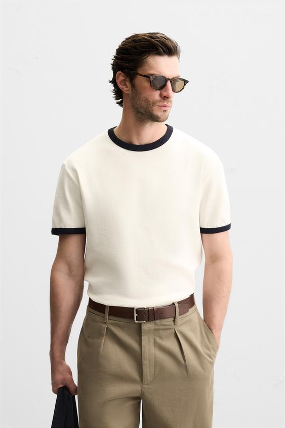 Zara BASIC RIBBED CONTRAST T-SHIRT