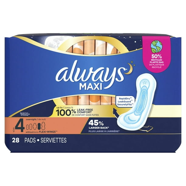 Always Maxi Overnight Pads without Wings for Women, Size 4, Overnight Absorbency, Unscented, 28CT