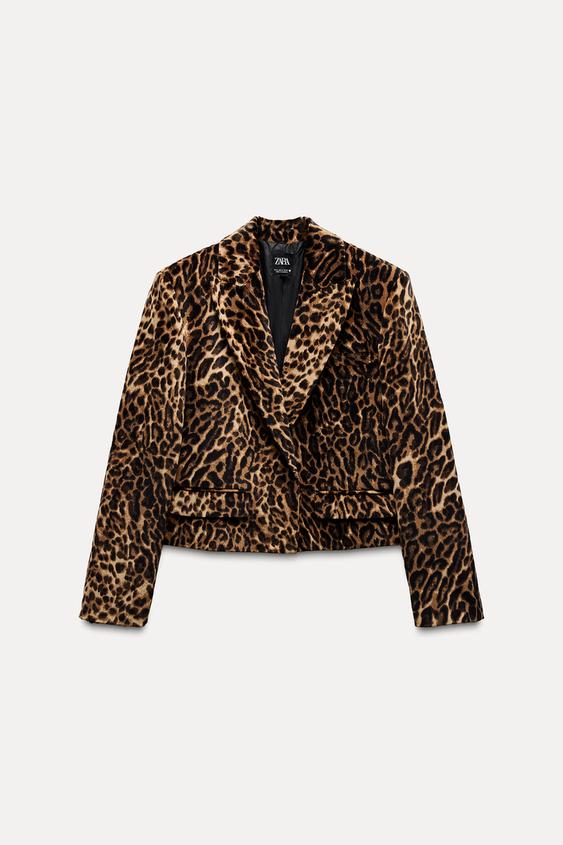 Zara ANIMAL PRINT CROP VELVET OVERSIZED BLAZER