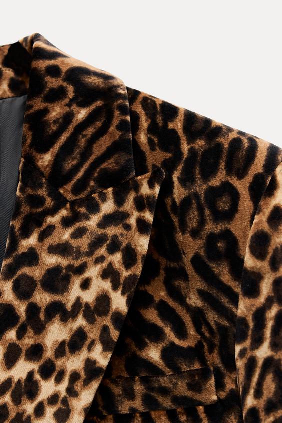 Zara ANIMAL PRINT CROP VELVET OVERSIZED BLAZER