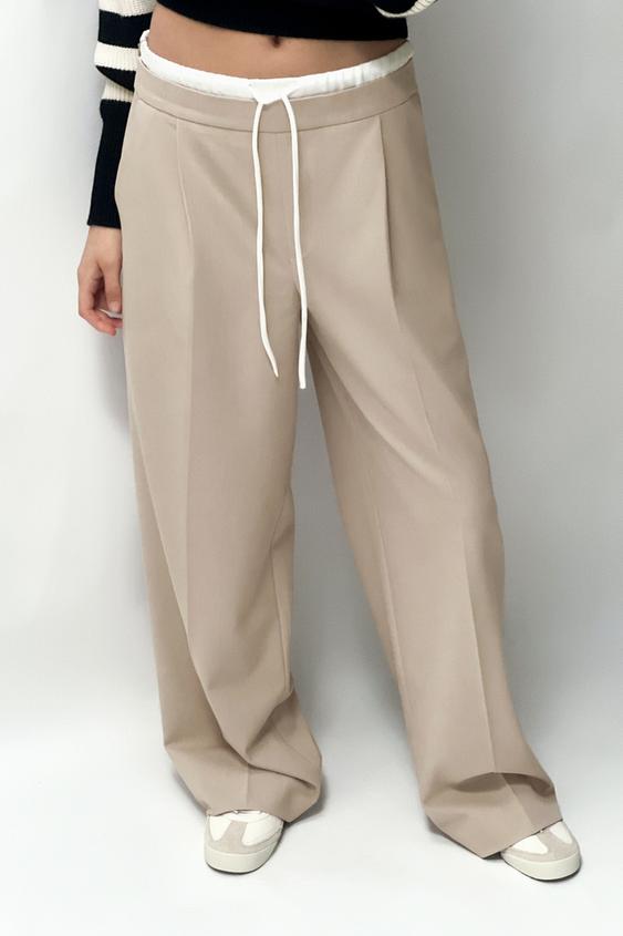 Zara DOUBLE WAIST WIDE LEG PANTS