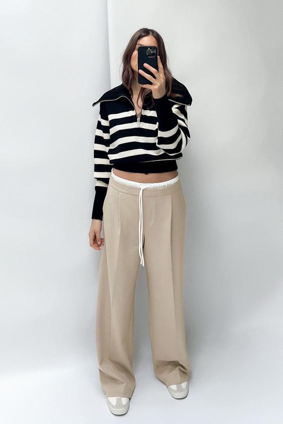 Zara DOUBLE WAIST WIDE LEG PANTS