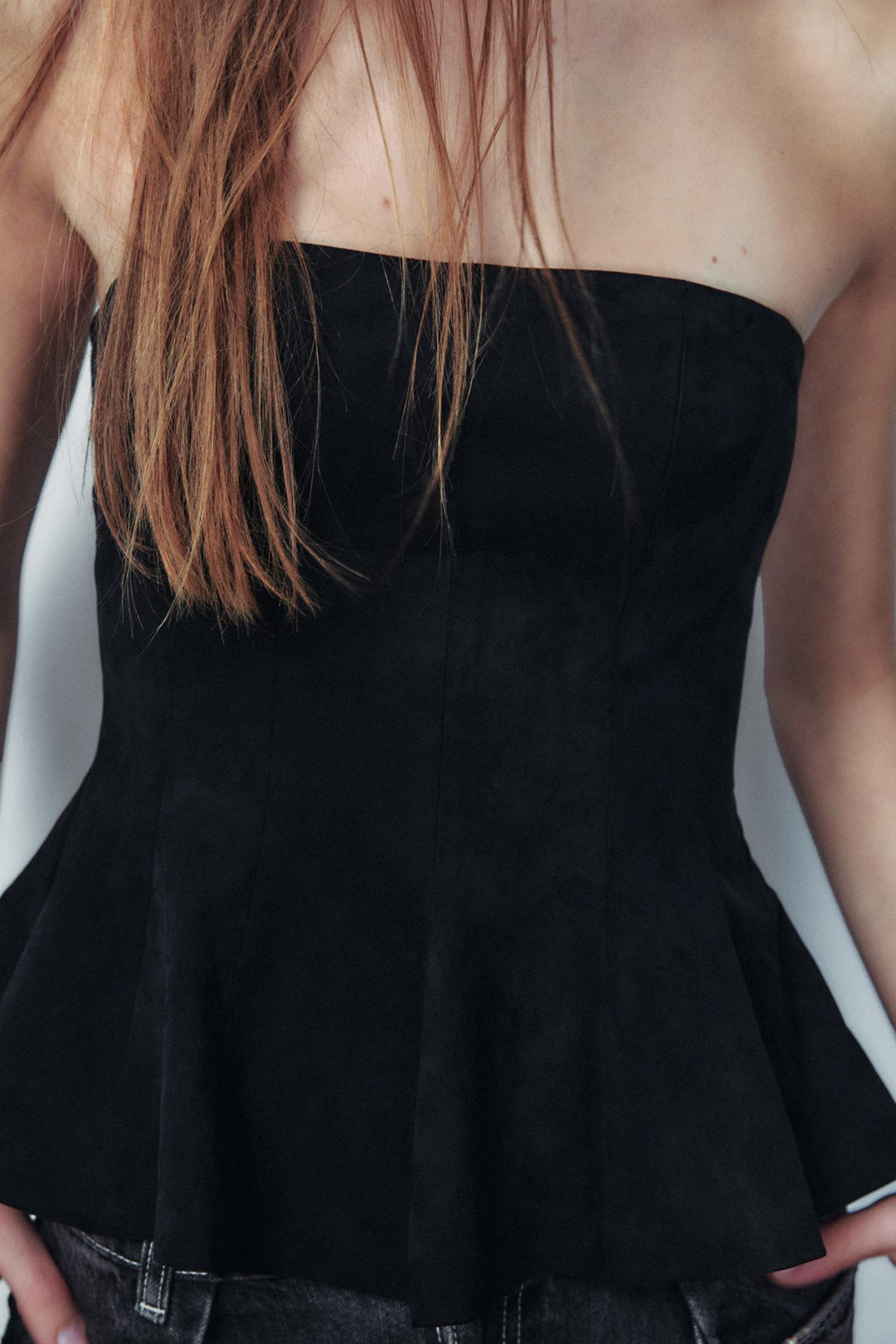 ZARA FAUX SUEDE STRAPLESS PEPLUM TOP