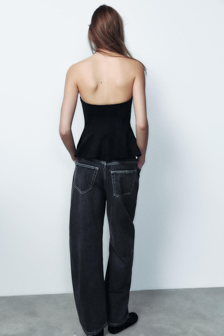ZARA FAUX SUEDE STRAPLESS PEPLUM TOP