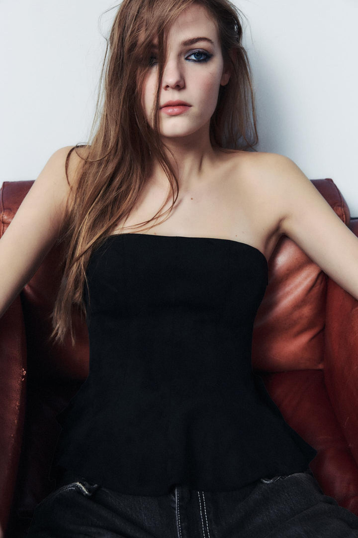 ZARA FAUX SUEDE STRAPLESS PEPLUM TOP