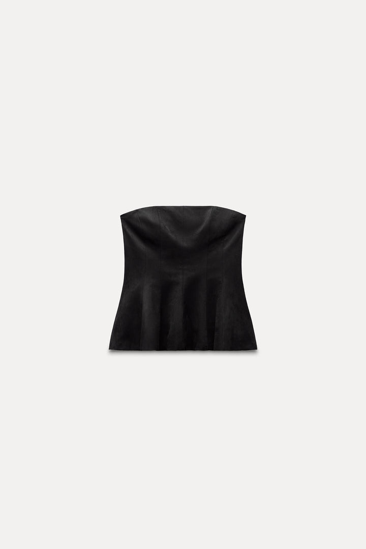 ZARA FAUX SUEDE STRAPLESS PEPLUM TOP