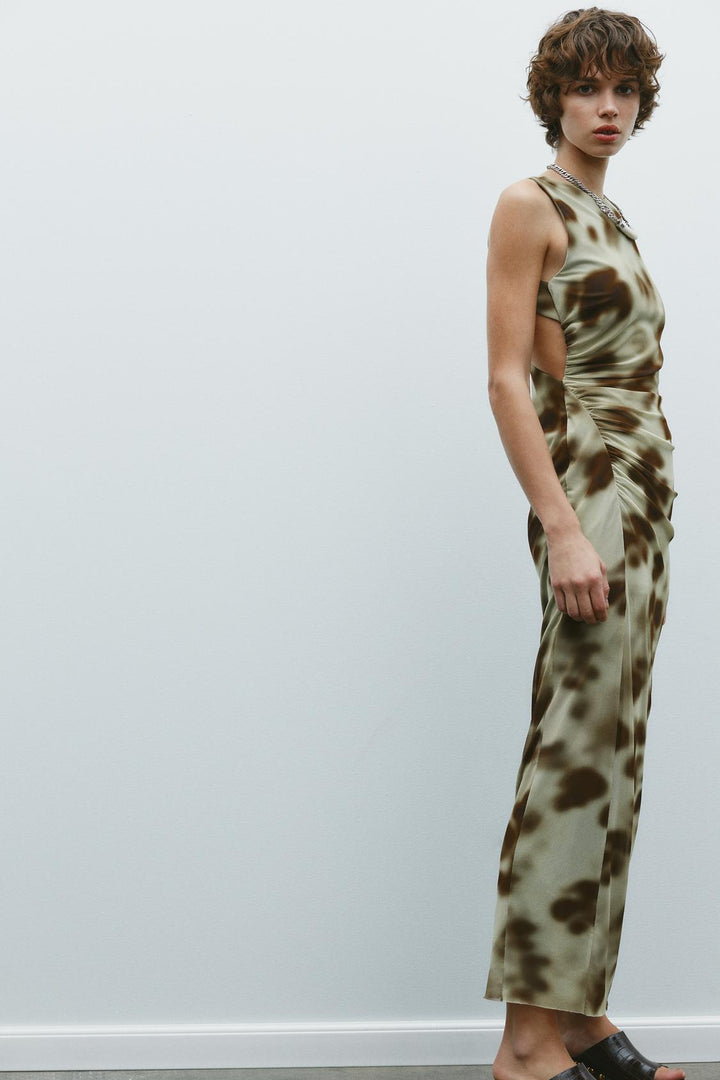 ZARA DRAPED PRINTED MIDI DRESS