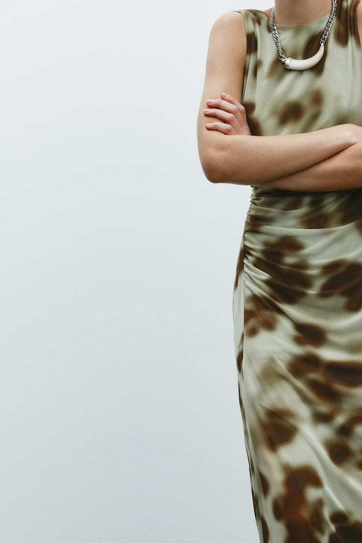 ZARA DRAPED PRINTED MIDI DRESS