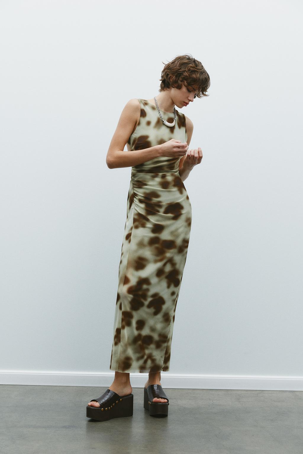 ZARA DRAPED PRINTED MIDI DRESS