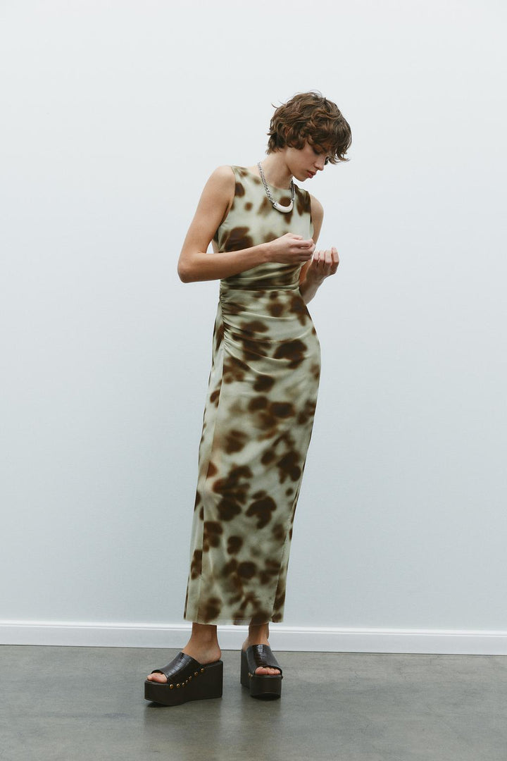 ZARA DRAPED PRINTED MIDI DRESS