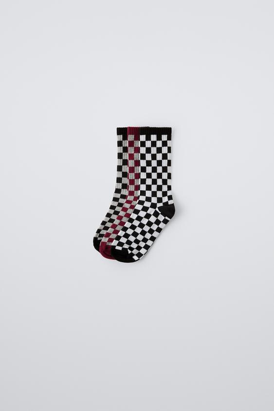 Zara THREE-PACK OF CHECKERBOARD CREW SOCKS