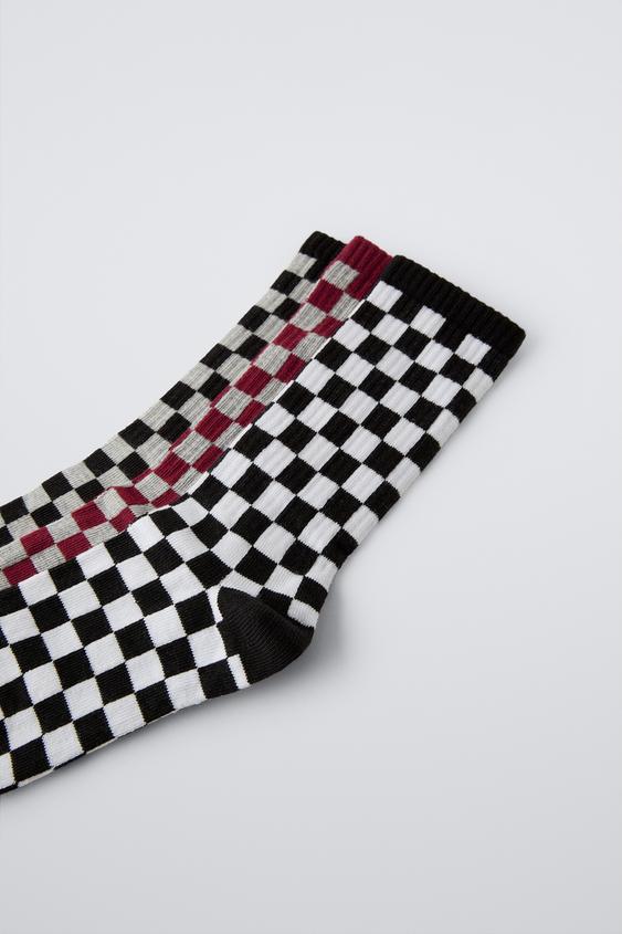 Zara THREE-PACK OF CHECKERBOARD CREW SOCKS