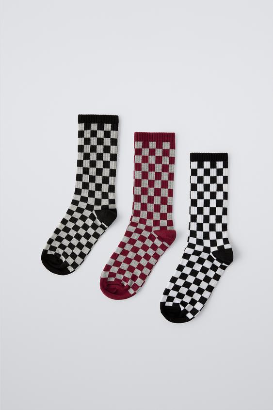 Zara THREE-PACK OF CHECKERBOARD CREW SOCKS