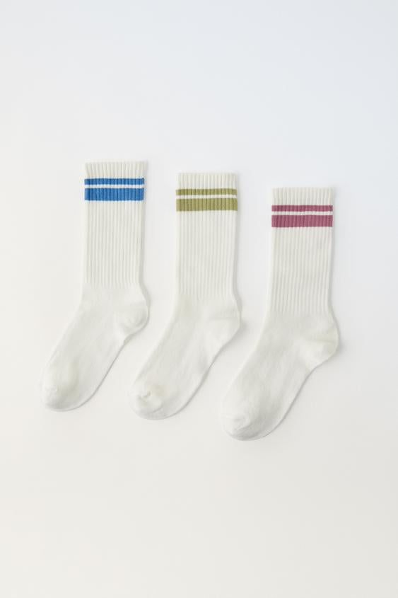 Zara THREE-PACK OF STRIPED CREW SOCKS