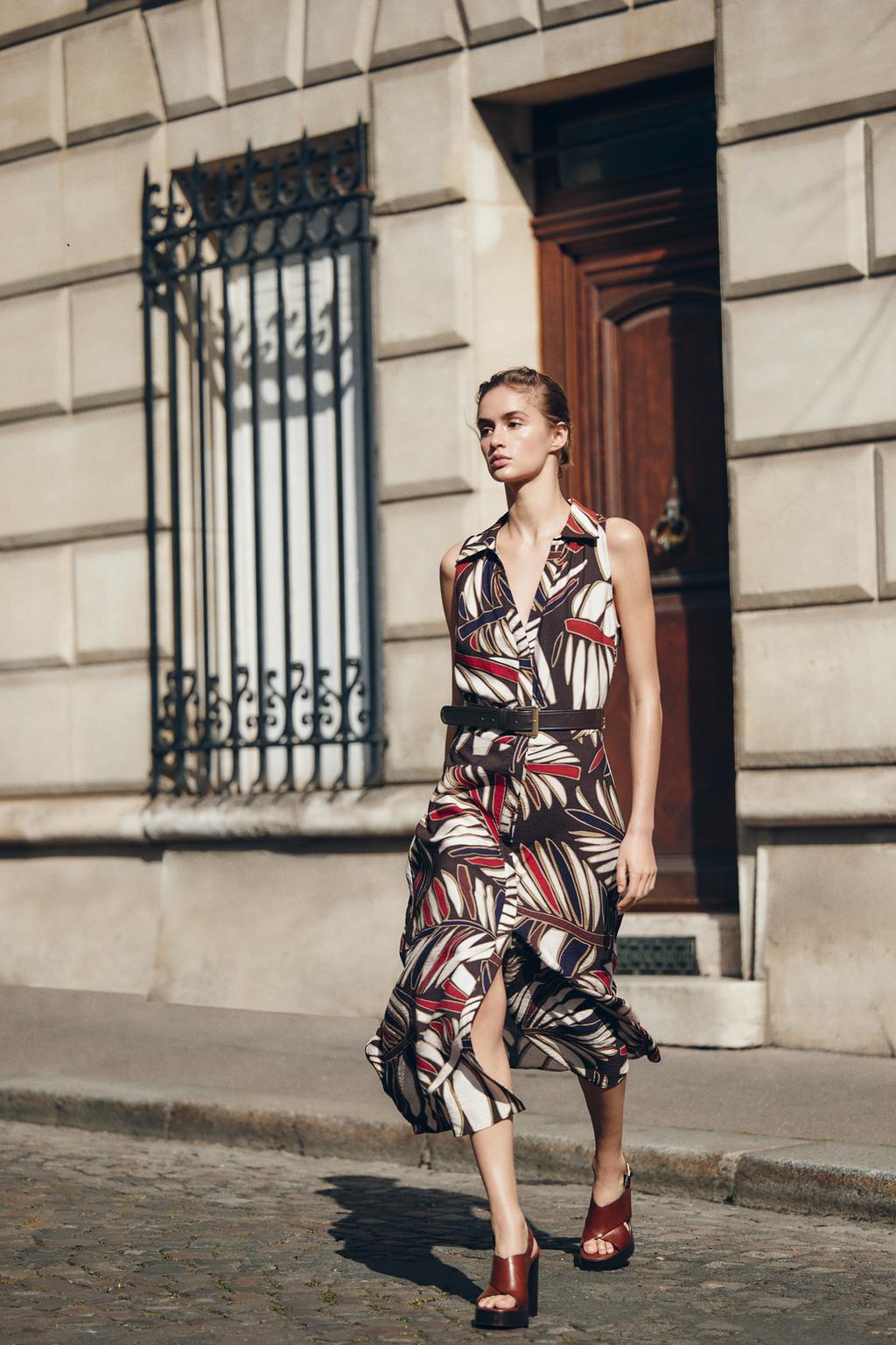 ZARA BELTED PRINTED MIDI DRESS