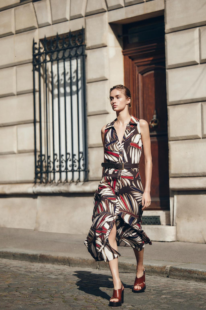 ZARA BELTED PRINTED MIDI DRESS