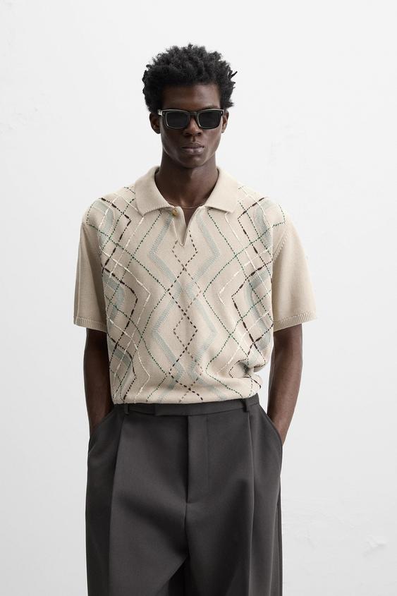 Zara JACQUARD DIAMOND KNIT POLO