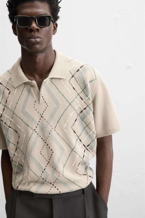 Zara JACQUARD DIAMOND KNIT POLO