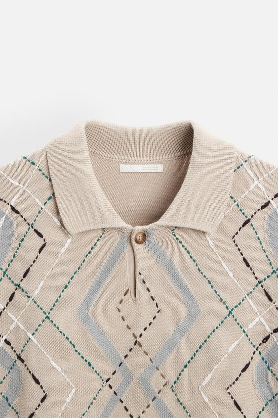 Zara JACQUARD DIAMOND KNIT POLO