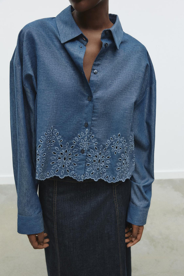 ZARA EMBROIDERED EYELET CROPPED SHIRT