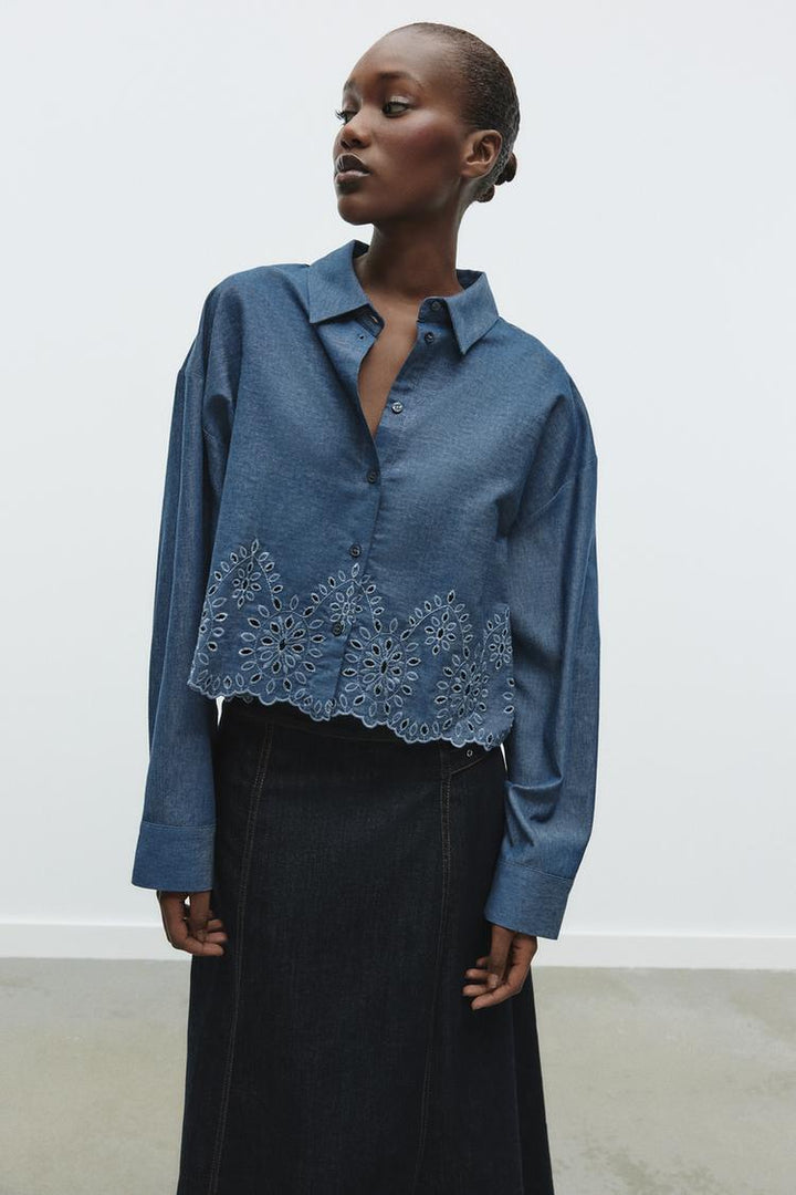 ZARA EMBROIDERED EYELET CROPPED SHIRT