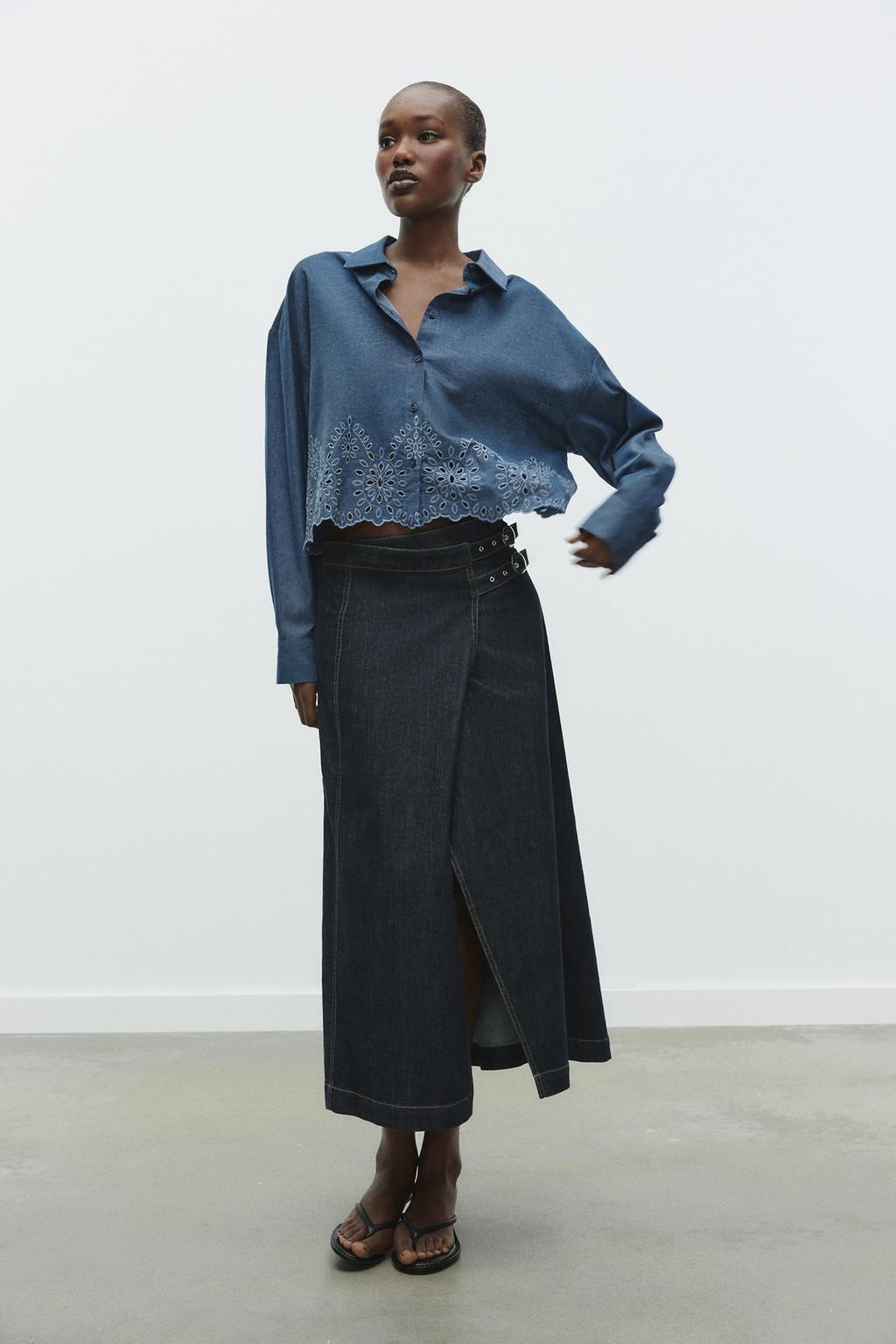 ZARA EMBROIDERED EYELET CROPPED SHIRT