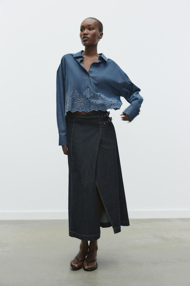 ZARA EMBROIDERED EYELET CROPPED SHIRT