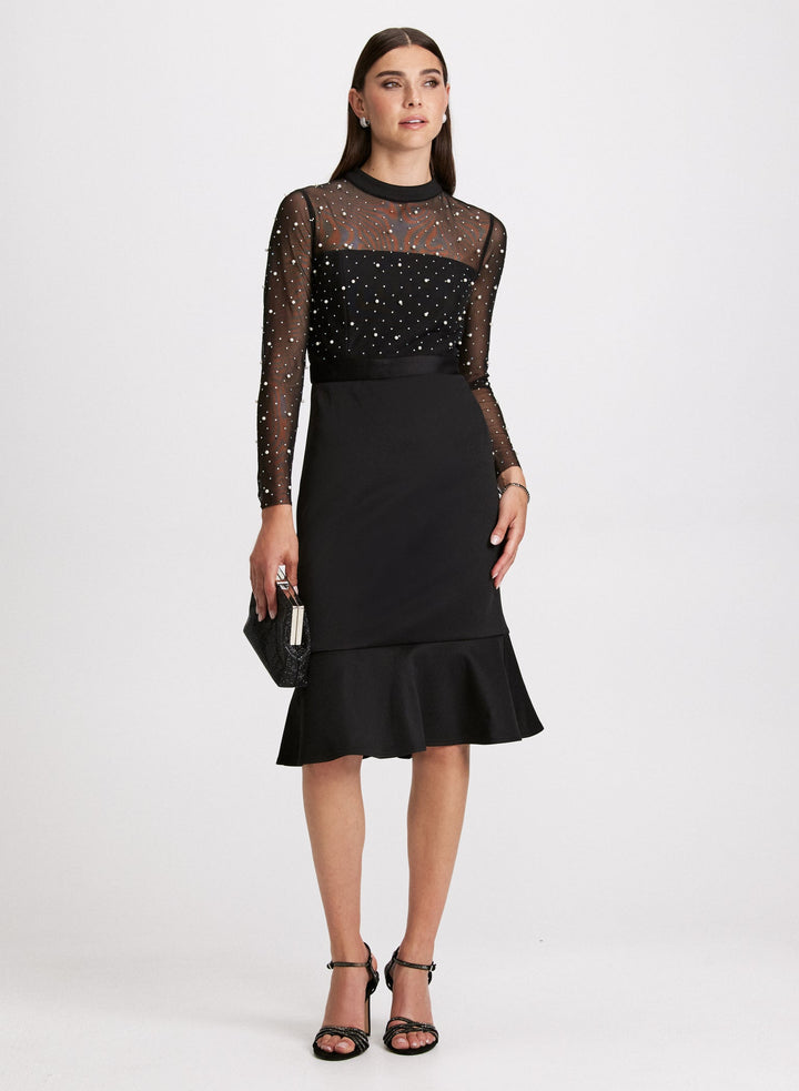 LAURA Pearl Embellished Mesh Detail Dress