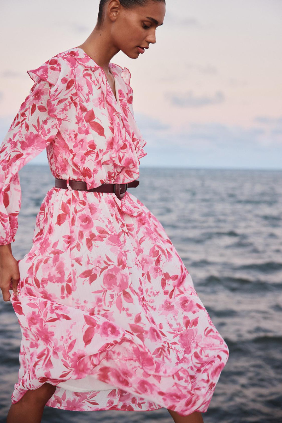 ZARA BELTED PRINTED MIDI DRESS