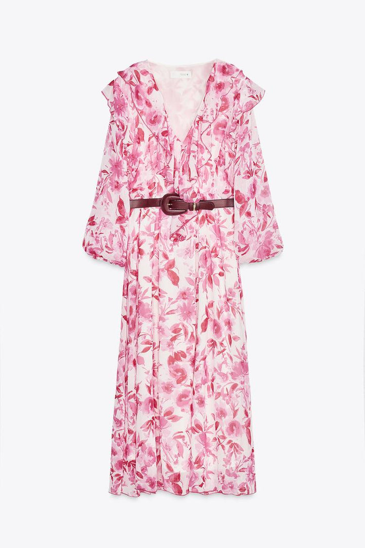 ZARA BELTED PRINTED MIDI DRESS