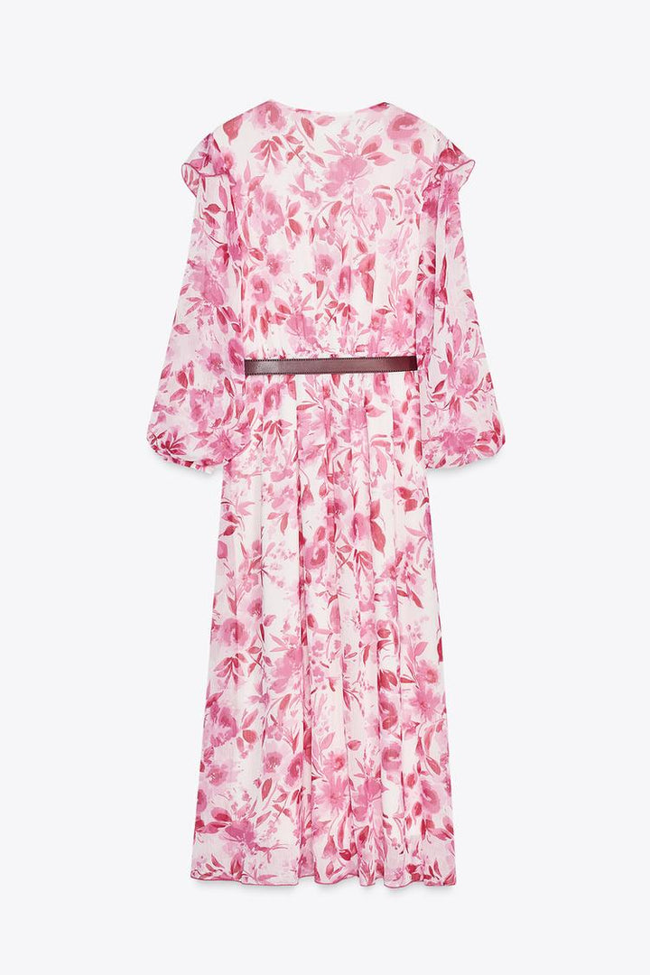 ZARA BELTED PRINTED MIDI DRESS