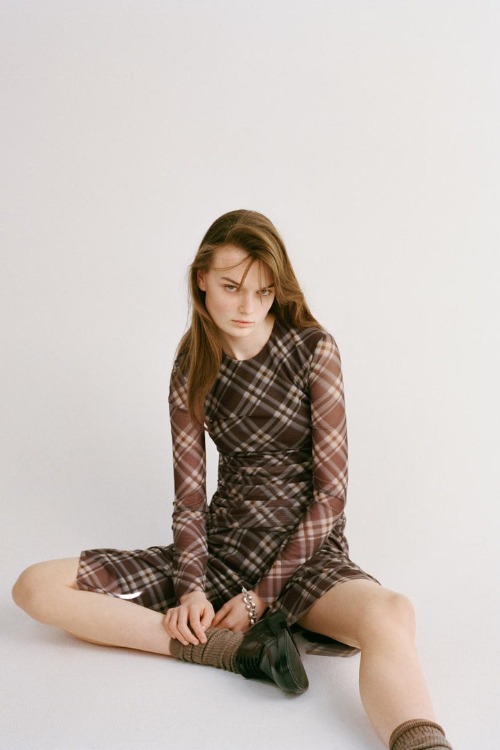 ZARA PLAID DRAPED TULLE DRESS