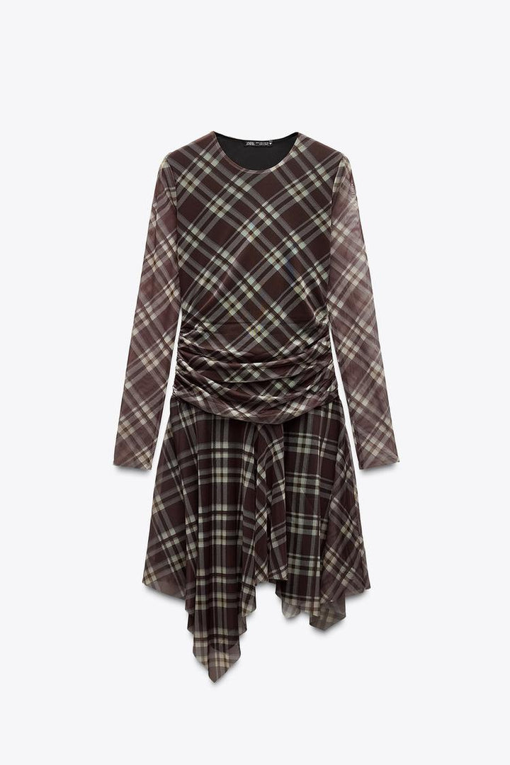 ZARA PLAID DRAPED TULLE DRESS