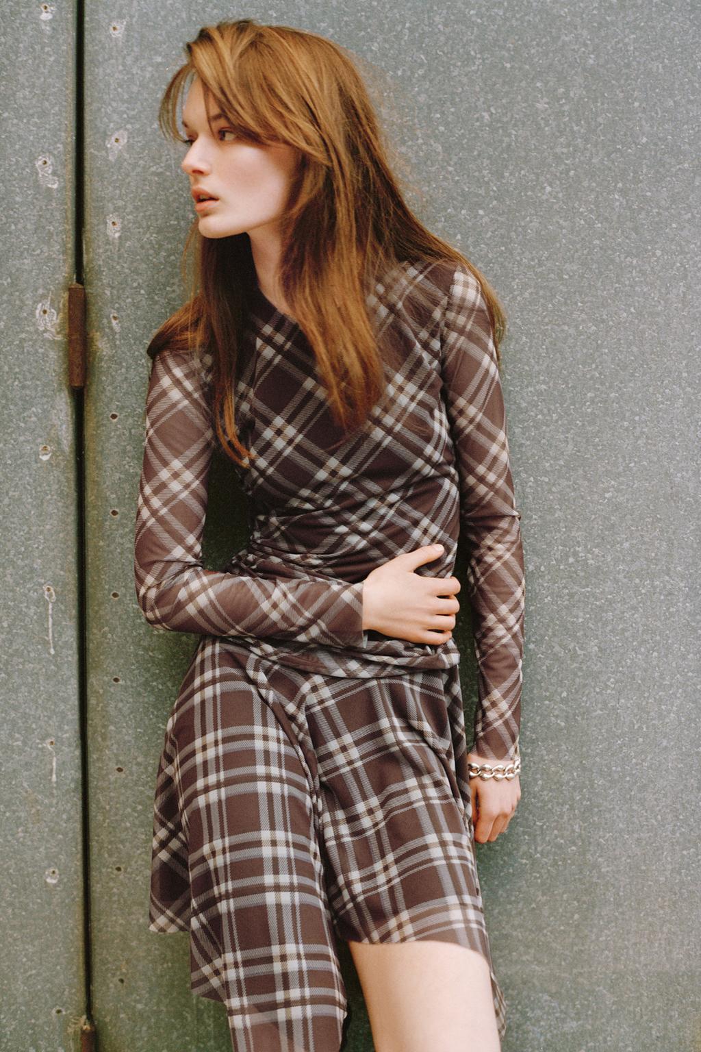 ZARA PLAID DRAPED TULLE DRESS