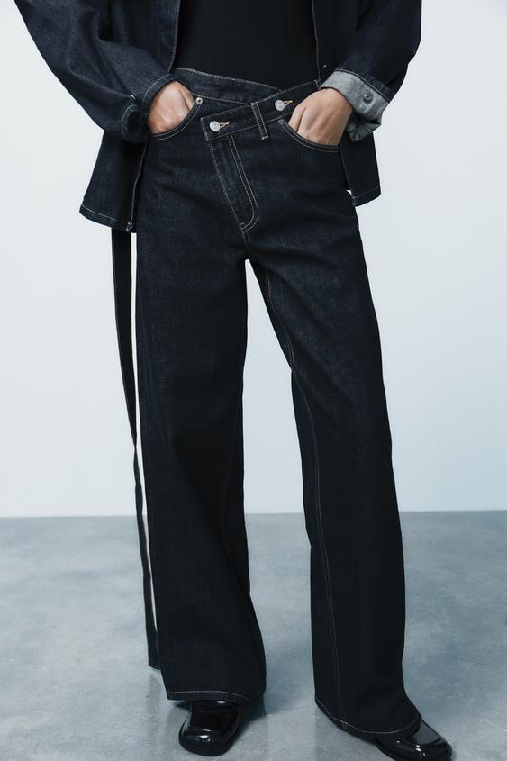 Zara TRF HIGH RISE WIDE LEG CROSSOVER WAISTBAND JEANS