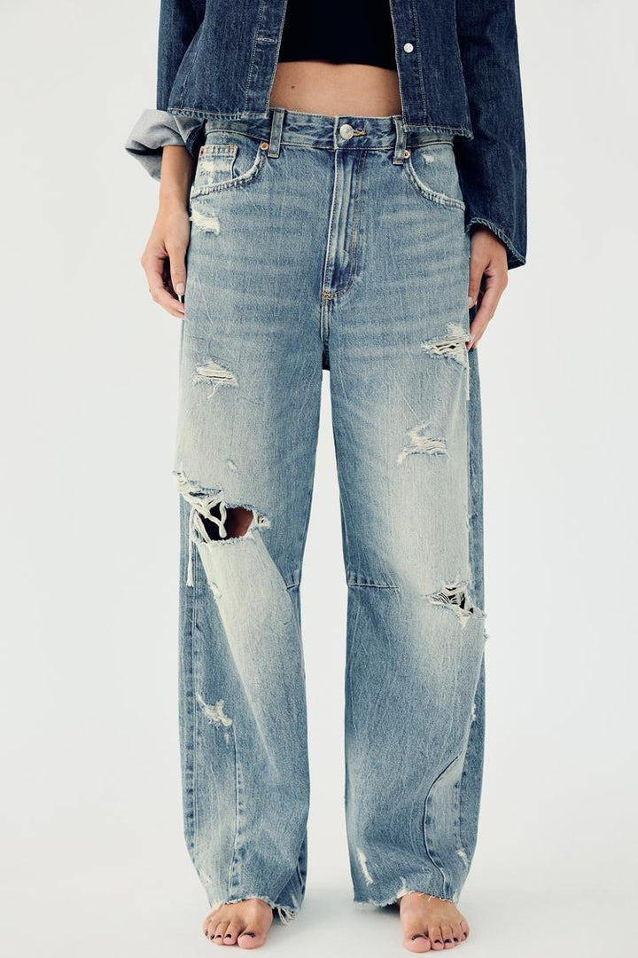 Zara TRF MID WAIST BAGGY RIPPED BALLOON JEANS