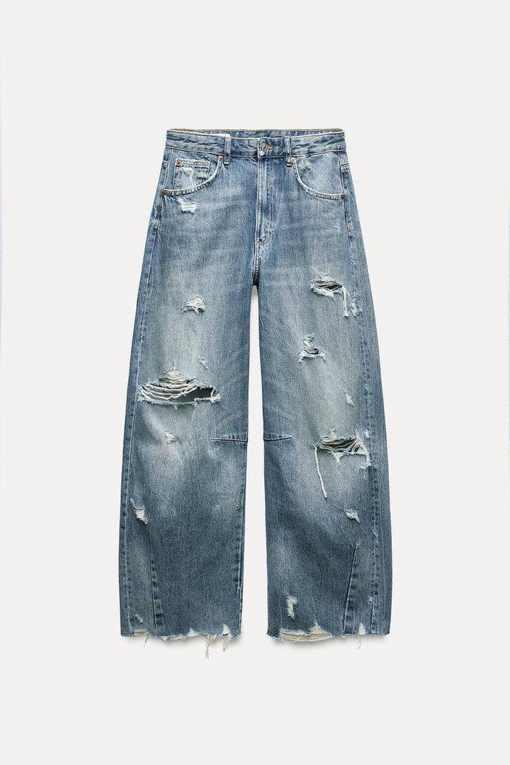 Zara TRF MID WAIST BAGGY RIPPED BALLOON JEANS