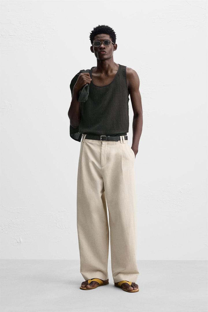 ZARA BALLOON FIT COTTON - LINEN BLEND PANTS