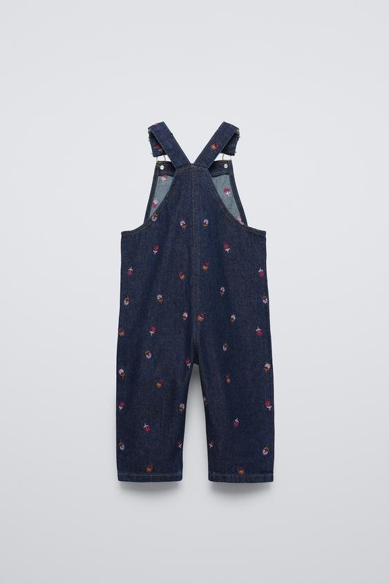 Zara FLORAL EMBROIDERY DENIM OVERALLS