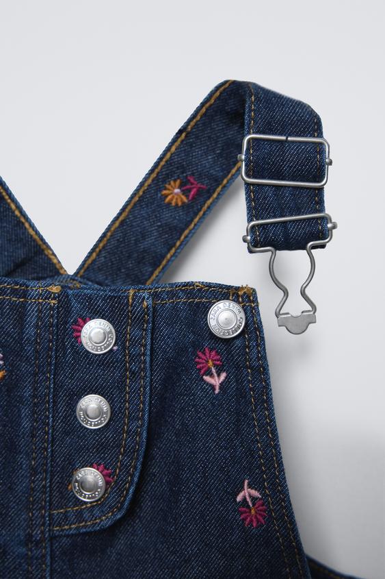 Zara FLORAL EMBROIDERY DENIM OVERALLS