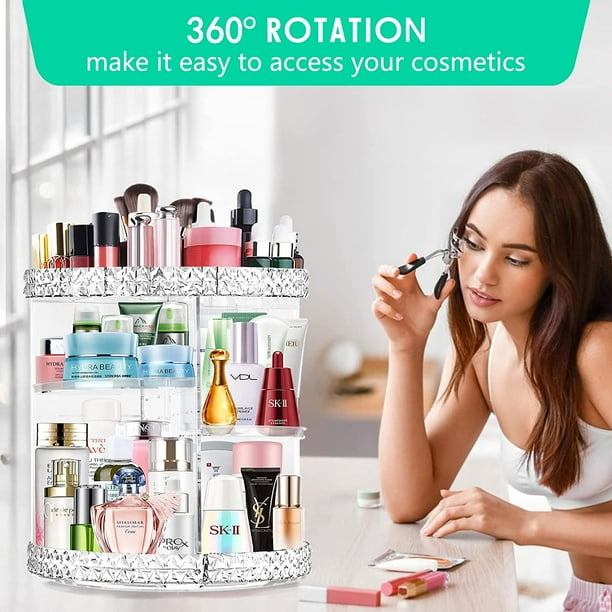 RIFESHOW 360°Rotating Makeup Organizer, Adjustable Storage Large Capacity Makeup Display Case Clear Acrylic Organizer Container for Cosmetic Brushes Lipsticks