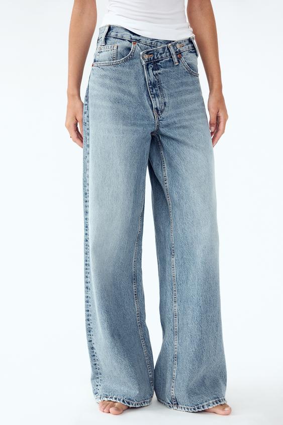 Zara TRF HIGH RISE WIDE LEG CROSSOVER WAISTBAND JEANS