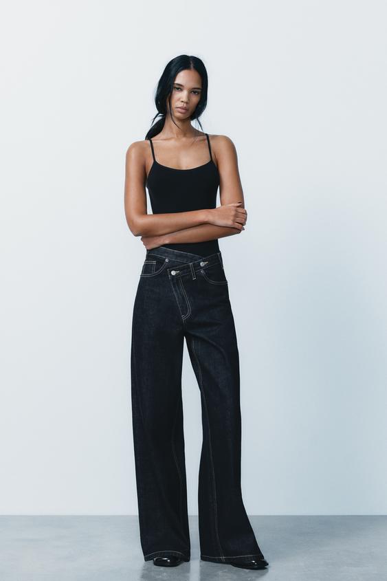 Zara TRF HIGH RISE WIDE LEG CROSSOVER WAISTBAND JEANS