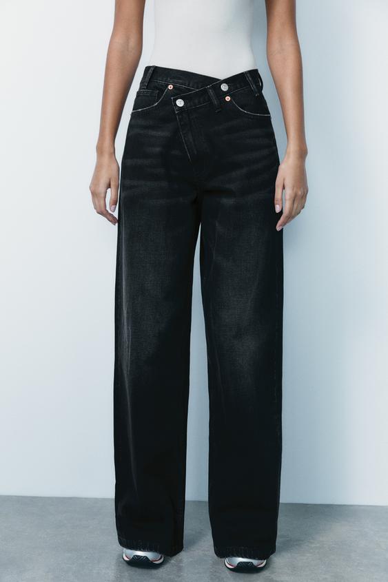 Zara TRF HIGH RISE WIDE LEG CROSSOVER WAISTBAND JEANS