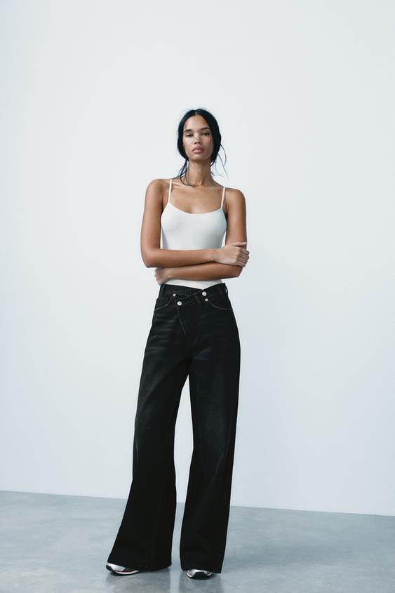 Zara TRF HIGH RISE WIDE LEG CROSSOVER WAISTBAND JEANS