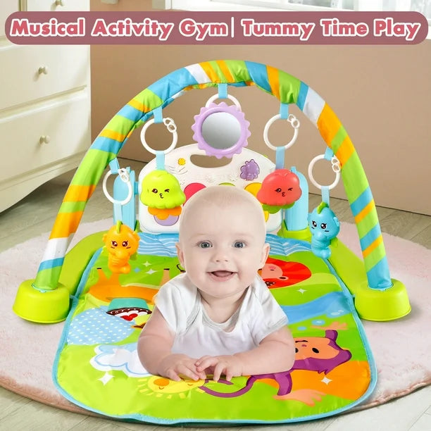 Baby Play Mat Baby Gym Funny Play Piano Tummy Time Baby Activity Gym Mat with 5 Infant Learning Sensory Baby Toys
